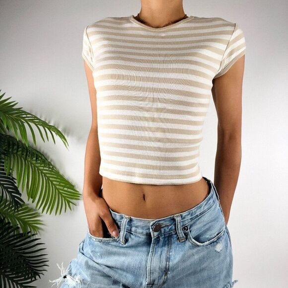 Women's Vintage Y2K The Limited Tan Striped Casual Short Sleeve Crop Top / S - Picture 3 of 5